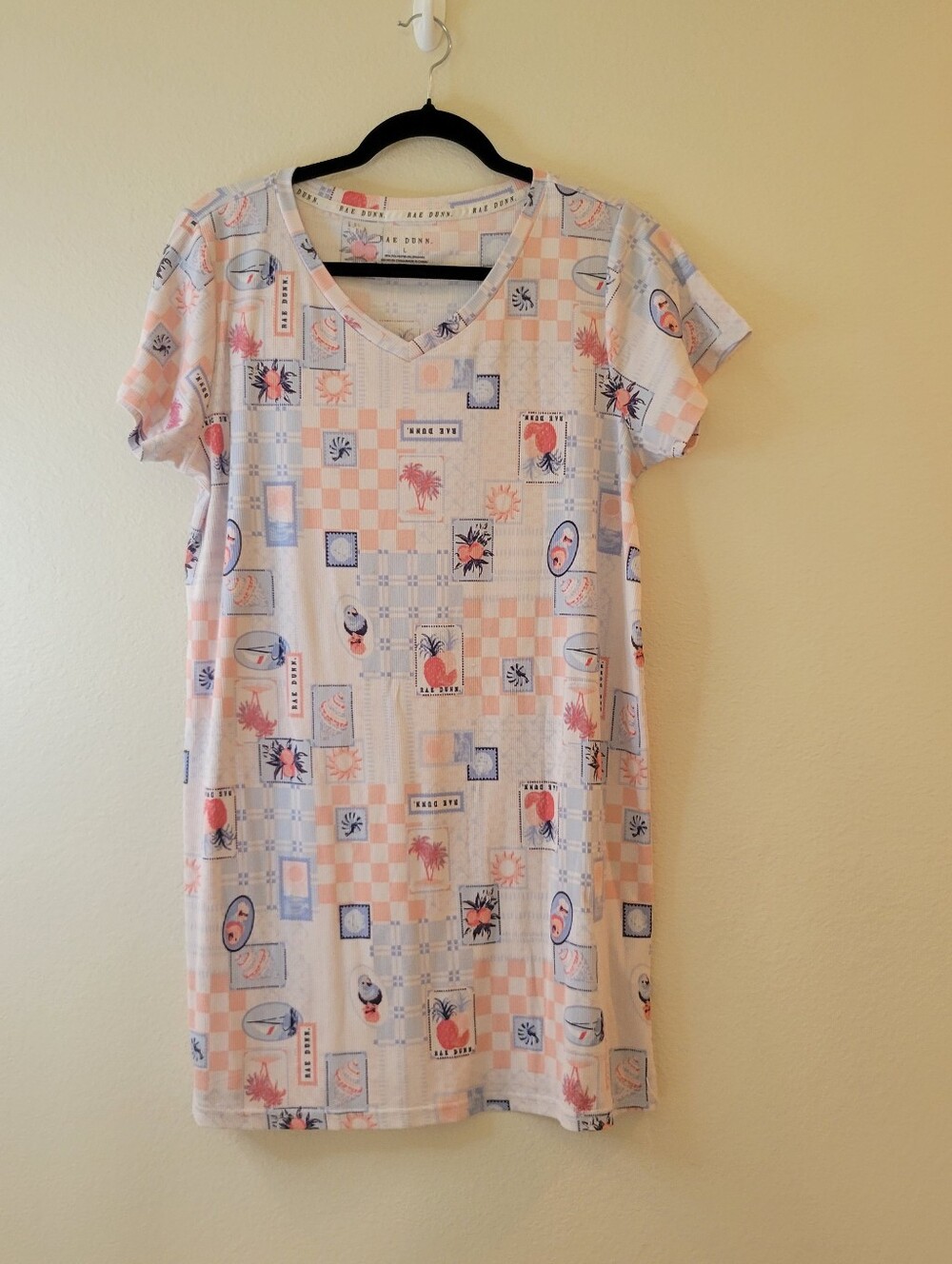 Rae Dunn Pattened V-Neck Short Sleeve Pastel Blue & Pink Nightshirt Ladies Large